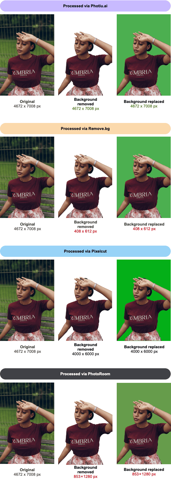 Comparison of results from major AI background remover tools